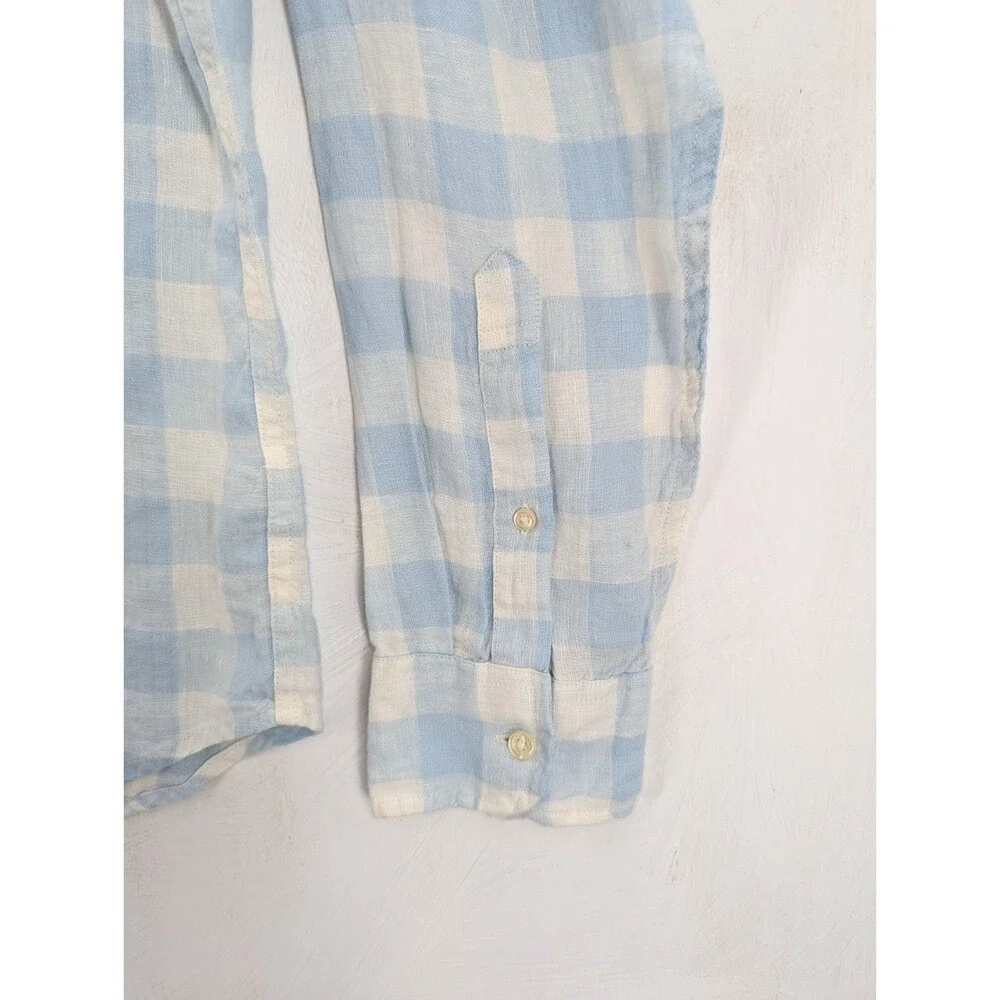 J.Crew Shirt Sz L Men's Blue White Slim Linen Plaid Button Up Long Sleeve